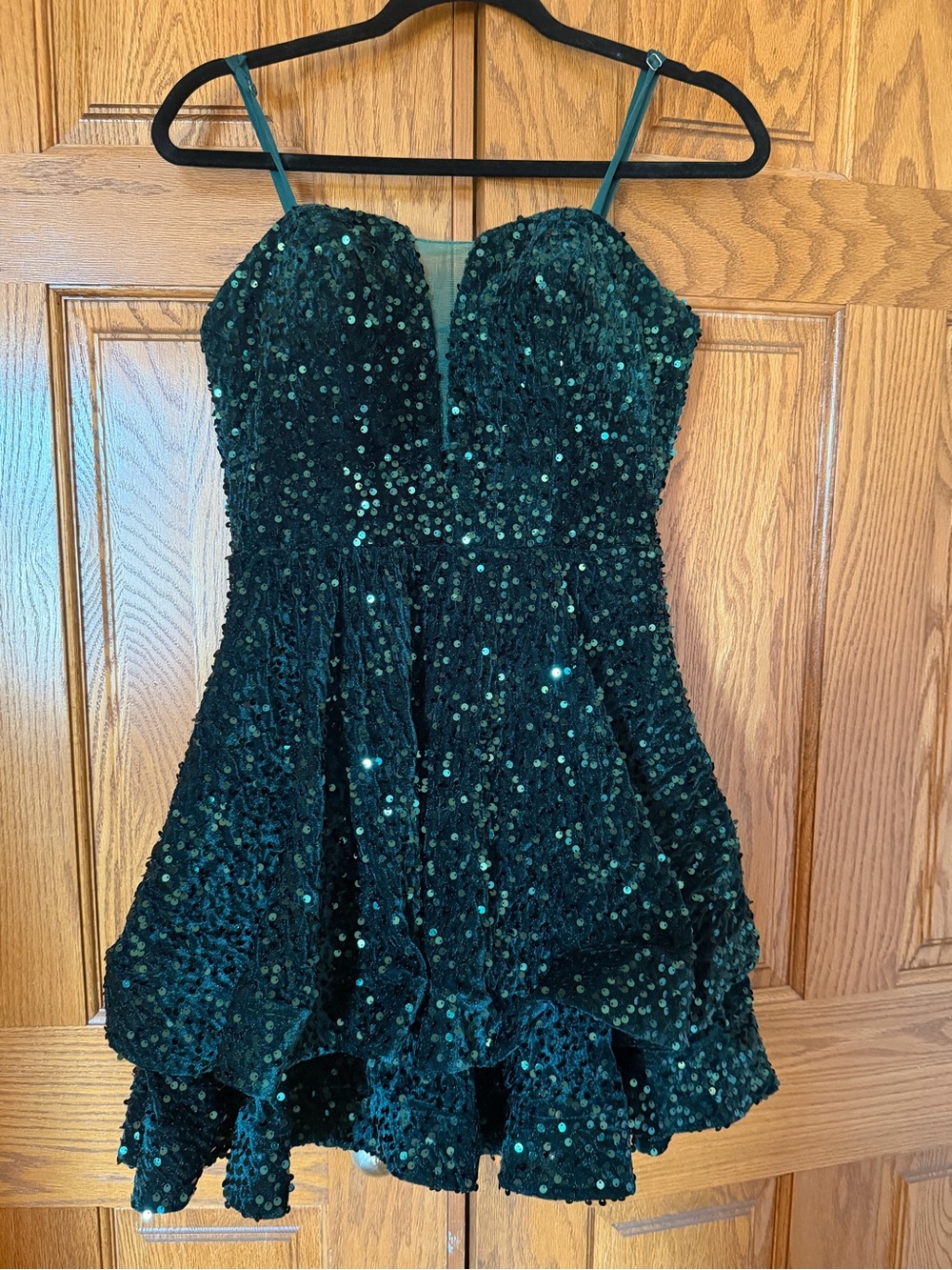 Emerald Green Sequin velvet Party Dress with Spaghetti Straps